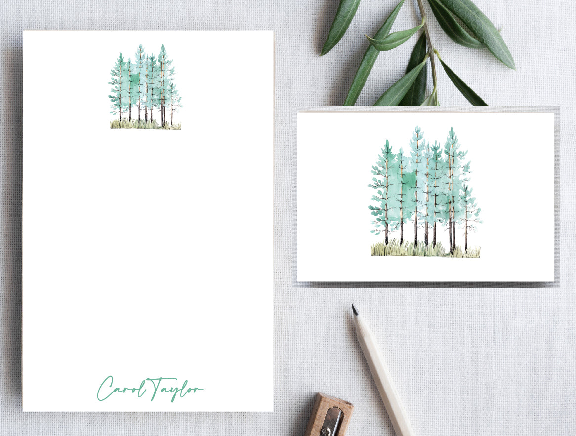 Watercolor Pine Trees Stationery Set